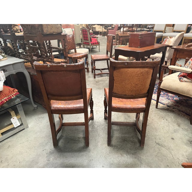 Set of 4 19th-Century English Cromwellian Leather & Oak Dining Chairs For Sale - Image 4 of 18