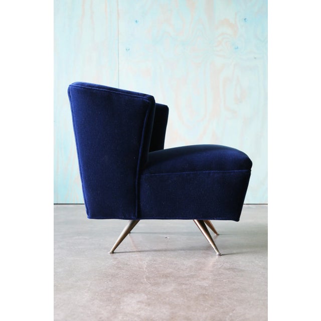 1950s Henry P Glass Swivel Lounge Chairs Blue Mohair on Brass Legs Jl Chase Co. - A Pair For Sale - Image 10 of 12