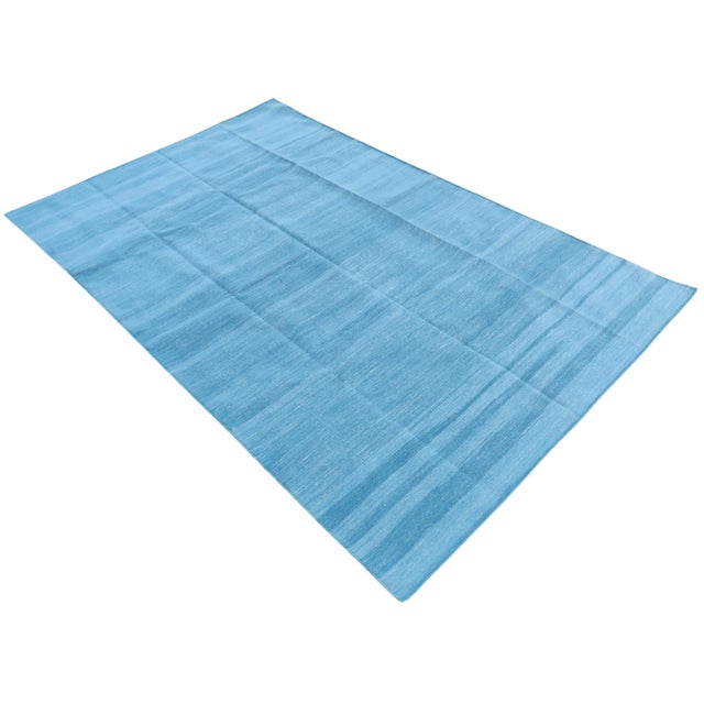 Handmade Cotton Vegetable Dyed Reversible Solid Sky Blue Rug Dhurrie - 6'x9' For Sale - Image 11 of 11