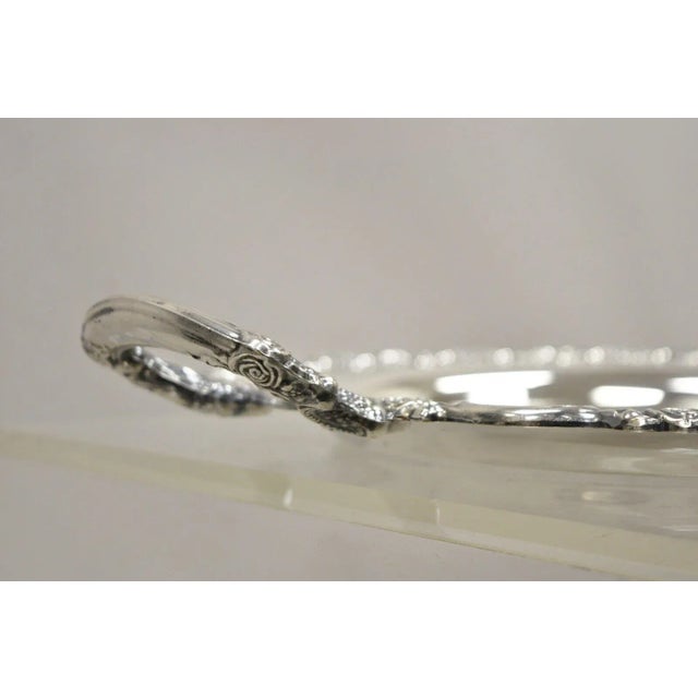Silver Vintage Oneida Victorian Style Round Silver Plated Serving Platter Tray With Handles For Sale - Image 8 of 11