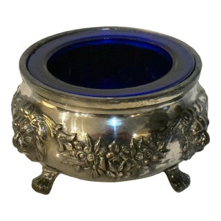 Vintage Silverplate & Cobalt Glass Footed Salt Cellar / Decorative Vanity Bowl For Sale