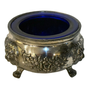 Vintage Silverplate & Cobalt Glass Footed Salt Cellar / Decorative Vanity Bowl