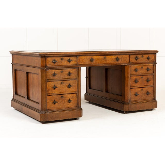 Large Antique English Oak Partners Desk, 1800s For Sale - Image 9 of 10