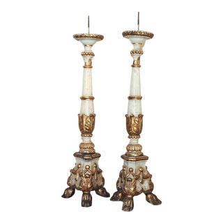 White and Gold Large Scale Italian Pricket Sticks - a Pair For Sale