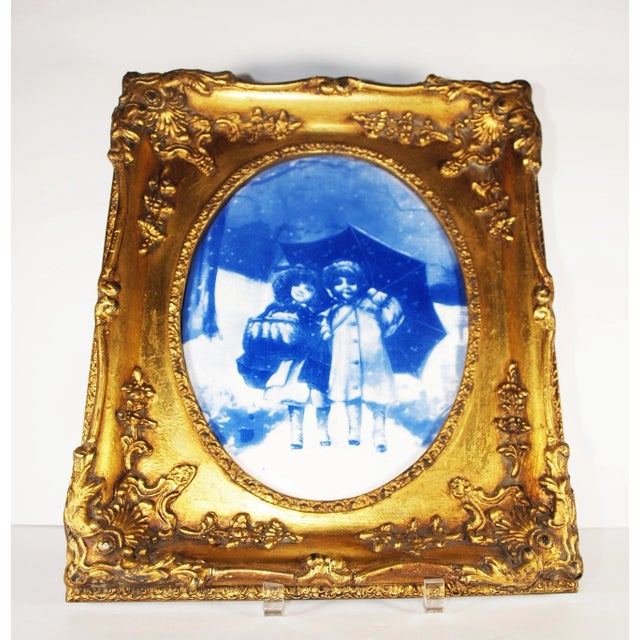 Antique Blue & White Delft Plaque Children in Rain Frames For Sale - Image 4 of 4
