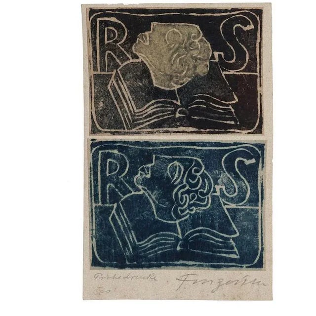 "Ex Libris RS" is an original woodcut artwork on creamy paper by Michel Fingesten, Early 20th Century. Hand-signed on the...