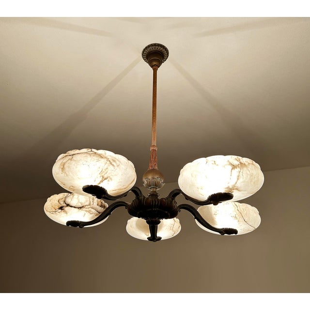 Large Art Deco Alabaster and Bronze Chandelier, 1930s For Sale - Image 6 of 18