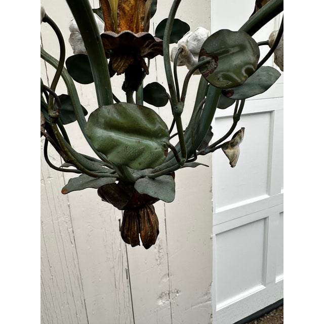 Green Vintage Floral and Metal Single Bulb Hanging Fixture For Sale - Image 8 of 10