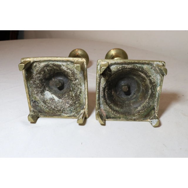 American Rare Pair Primitive Antique 18th Century Turned Brass Candlestick Candle Holder For Sale - Image 3 of 11