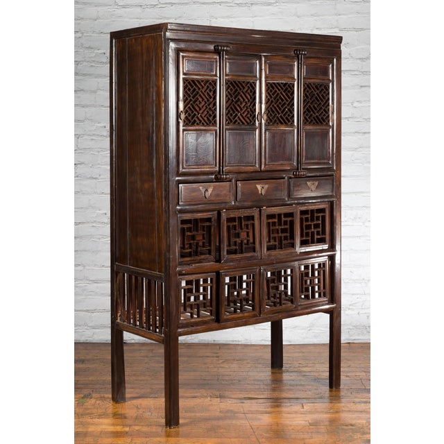 Chinese Qing 19th Century Brown Cabinet with Fretwork Doors and Three Drawers For Sale - Image 4 of 12