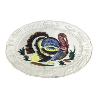 Vintage Large Ceramic Hand Painted Turkey Holiday Platter For Sale