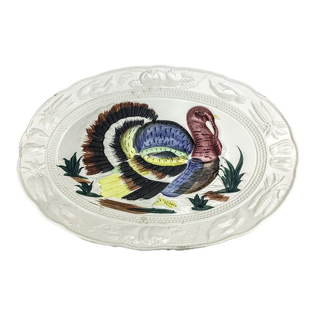 Vintage Large Ceramic Hand Painted Turkey Holiday Platter For Sale