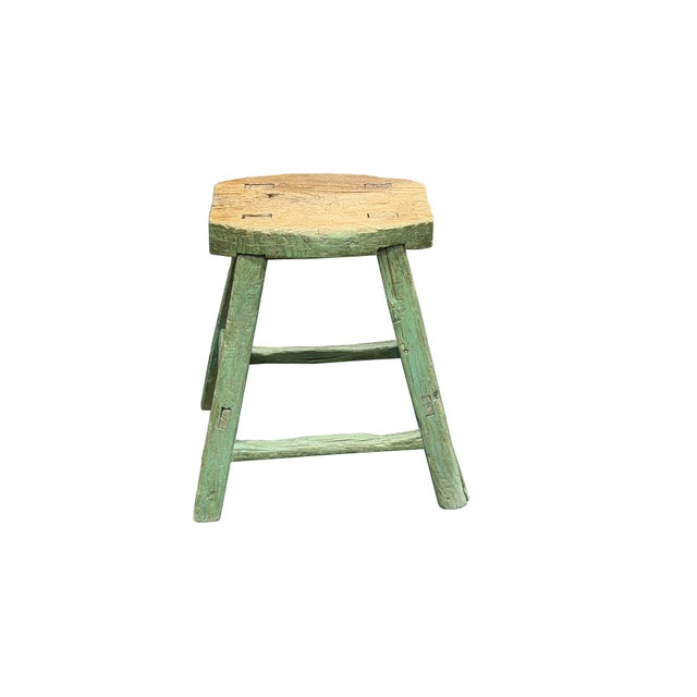 Rustic Bold Distressed Light Sage Green 4 Legs Wood Stool Side Table Stand For Sale - Image 9 of 15