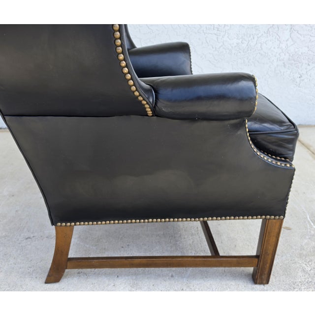 Classic Georgian Chippendale Black Leather Wingback Library Gentlemans Armchair For Sale - Image 11 of 16