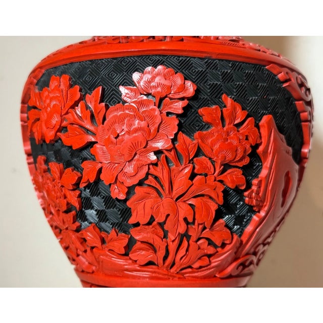 Tall Vintage Handmade Chinese Carved Black Red Lacquer Cinnabar Floral Vase Urn For Sale - Image 9 of 13