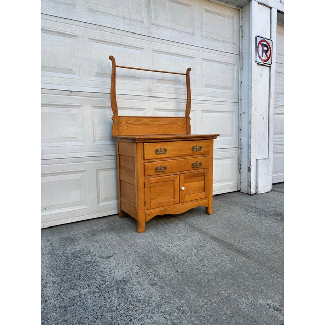 American Antique Oak Washstand Cabinet | Early 1900s Colonial Revival Dry Sink | Solid Oak Bathroom or Entryway Storage | Antique Small Wood Cabinet For Sale - Image 3 of 12