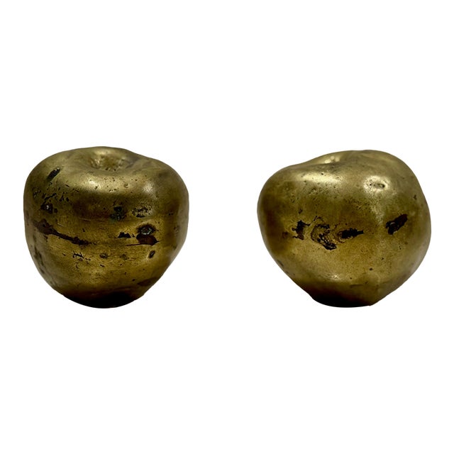 Pair of Vintage Solid Bronze Apple Sculptures – Mid-Century Modern Paperweights or Decor For Sale