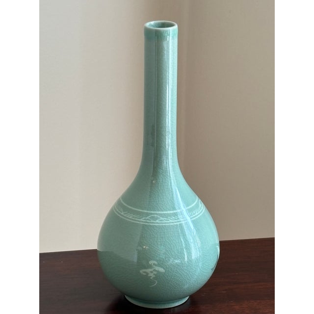 Vintage Celadon Porcelain Bud Vase With Flying Crane Motif For Sale In Baltimore - Image 6 of 11