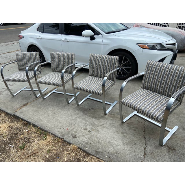 Knoll 2003 Set of 4 Mies Van Der Rohe for Knoll Flat Bar Brno Arm Chairs Grid Fabric Pattern For Sale - Image 4 of 15