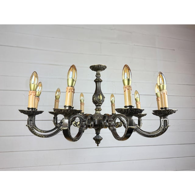 Gold Vintage Baroque Style 10-Arm Brass Chandelier, 1950s For Sale - Image 8 of 10