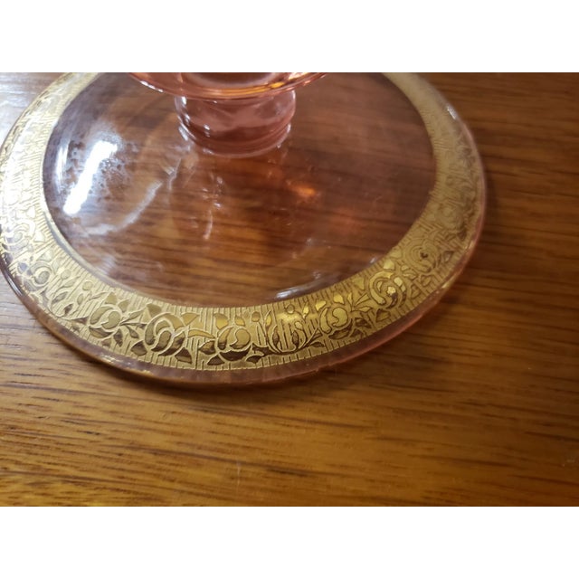 Pair Vintage Pink Depression Glass Tapered Candle Holders Gilded Floral Scroll Design For Sale - Image 4 of 6