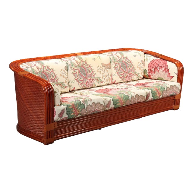Rattan and Red Lacquered Bamboo Sofa, 1980s For Sale