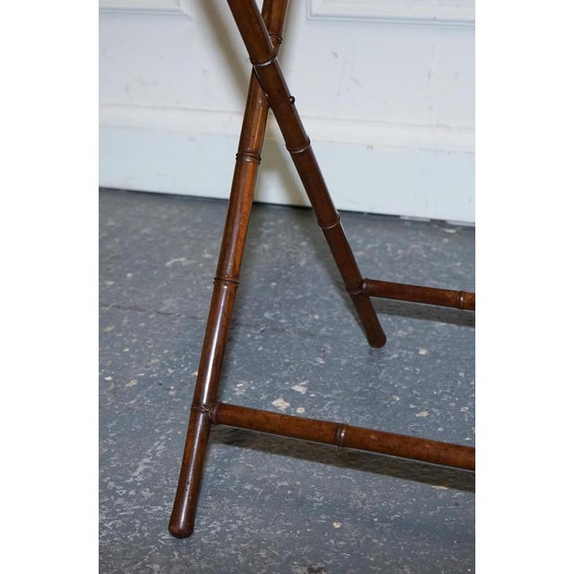 Wood Victorian Double Sided Serving Tray on Bamboo Stand Brass Handles Marquetry Top For Sale - Image 7 of 18