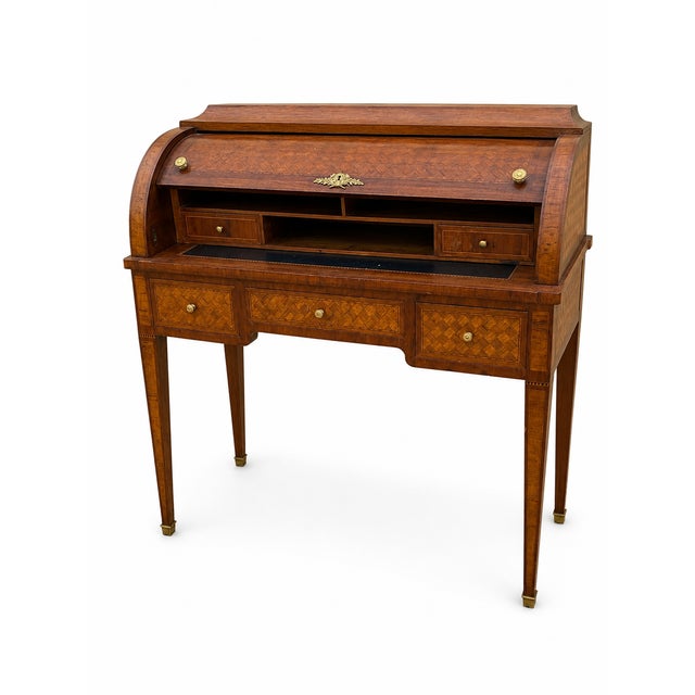 1930s Small Louis XVI Roll-Top Secretary Desk with Marquetry in Latticework Pattern, 1930s For Sale - Image 5 of 13