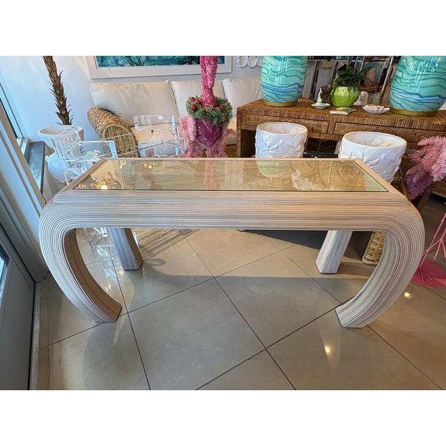 Vintage Coastal Palm Beach Pencil Reed Rattan Ming Console Table New Glass Top For Sale - Image 12 of 15