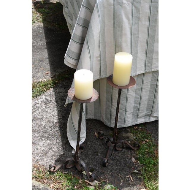 Rustic Pair of Vintage Twisted Iron Candlesticks For Sale - Image 3 of 4