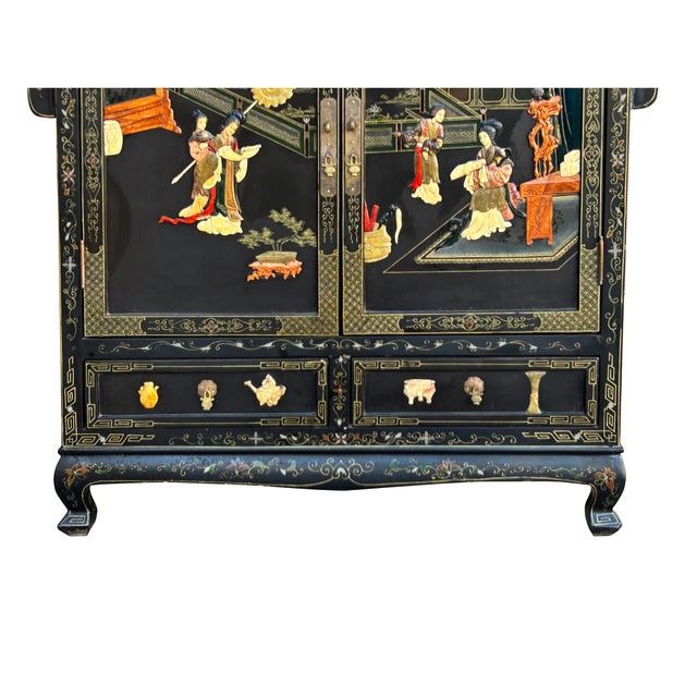 Black Vintage Chinoiseries Black & Stone Inlay Graphic Credenza Storage Cabinet For Sale - Image 8 of 12
