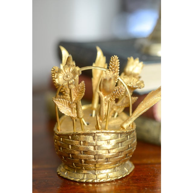 Mid-20th Century Hollywood Regency Gold Flower Basket Cocktail Picks - Set of 10 For Sale In Washington DC - Image 6 of 9