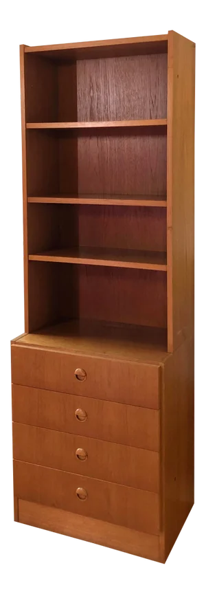 1970s Vintage Danish Mid Century Modern Teak Free Standing Book Shelf With 4 Drawers Storage (