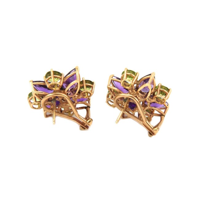 Contemporary Estate 10.60ct Diamond Peridot Amethyst 14k Gold Flower Earrings, 2 pieces For Sale - Image 3 of 5