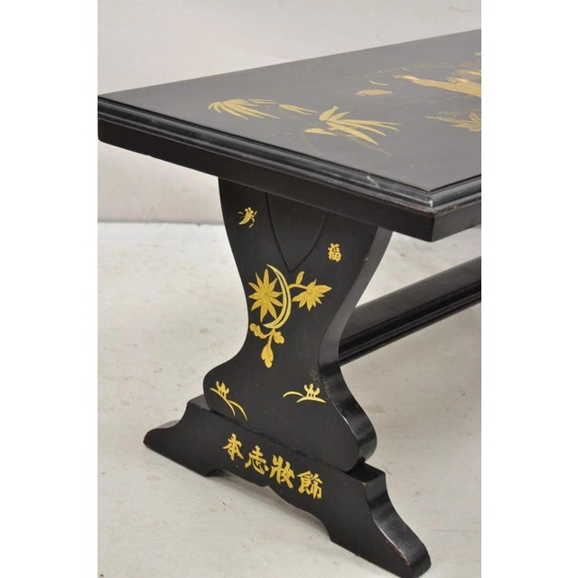 Vintage Chinoiserie Oriental Black Lacquer Gold Gilt Trestle Bench Coffee Table For Sale In Philadelphia - Image 6 of 12