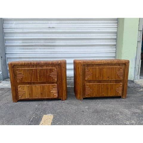 Pair of 70's Watterfall Rattan Nightstands Manner of Gabriella Crespi - A Pair with original finsh which has mellowed to a...