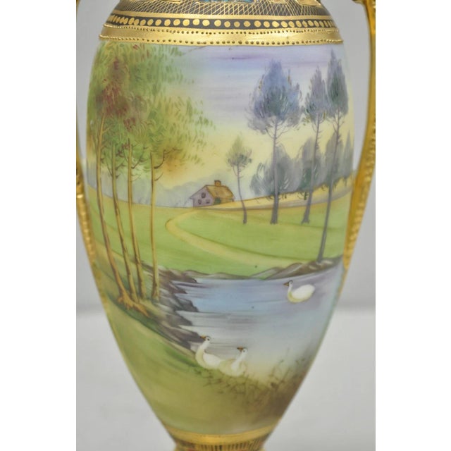 Antique Nippon Hand Painted Twin Handled Gold Gilt Lake & Swan Scene Bolted Vase For Sale In Philadelphia - Image 6 of 17