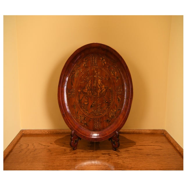 19th Century Antique Chinese Lacquered Wooden Charger Tray For Sale - Image 5 of 10