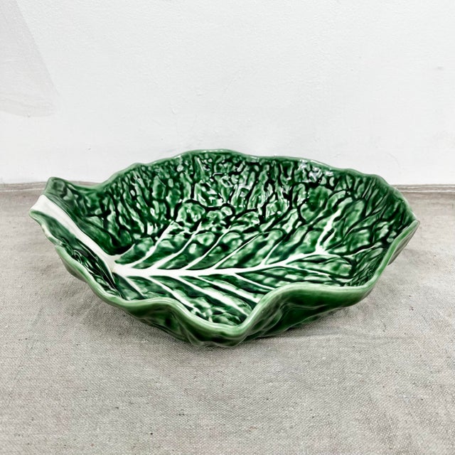 Vintage Secla majoloca cabbage ware serving bowl. Large green cabbage leaf shape ceramic bowl. Made in Portugal.