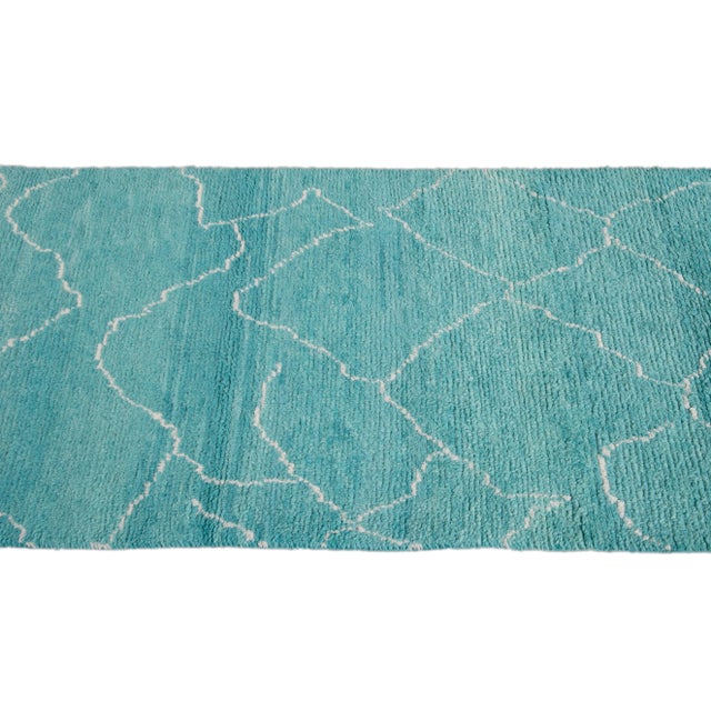 Textile Modern Turquoise Moroccan Style Handmade Wool Runner For Sale - Image 7 of 11