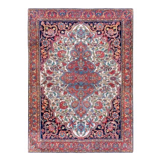 1880s Ivory Red Medallion Antique Sarouk Farahan Rug 4'8" X 6'4" Hand Knotted Wool Carpet For Sale