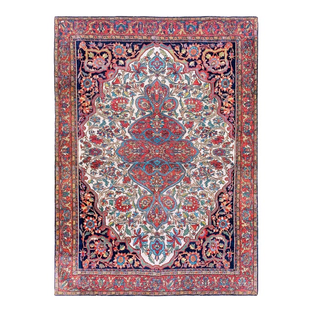 1880s Ivory Red Medallion Antique Sarouk Farahan Rug 4'8" X 6'4" Hand Knotted Wool Carpet For Sale