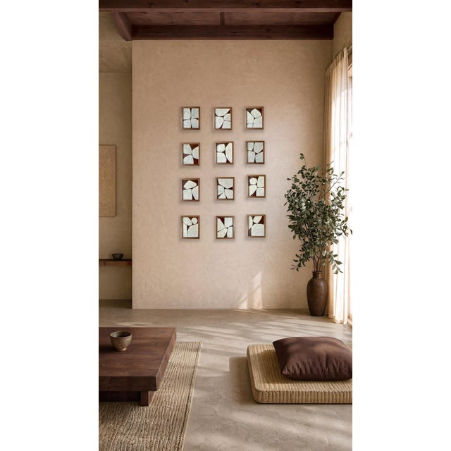 Original minimalist abstract painting on French hand crafted cotton paper. Framed in a solid walnut locally crafted frame....
