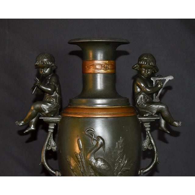 1950s Vintage Mixed Metal Vase French Style Urn With Figural Cherubs and Cranes For Sale - Image 5 of 17