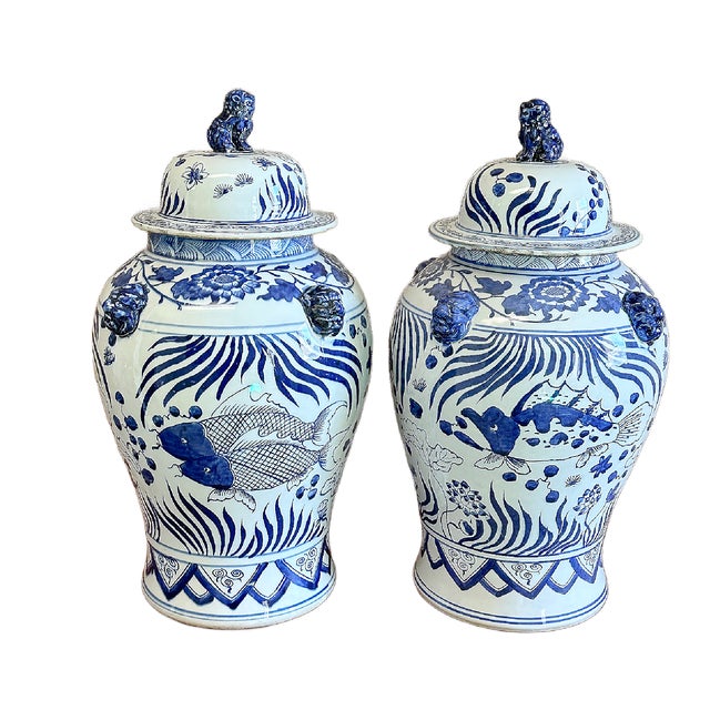 Chinoiserie Coastal Blue & White Chinoiserie Koi Ginger / Temple Jars - A Pair For Sale - Image 3 of 6