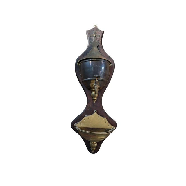 Vintage Wall-Mounted Brass and Wood Washbasin with Cross, 1920 For Sale - Image 11 of 11