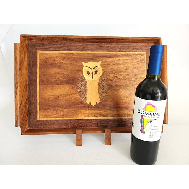 Wood Vintage Inlaid Wood Serving Tray – Handcrafted Marquetry Owl Motif For Sale - Image 7 of 11