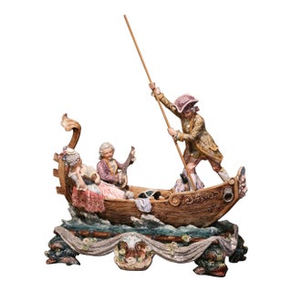 Early 20th Century French Barbotine Venetian Boat Figural Centerpiece For Sale