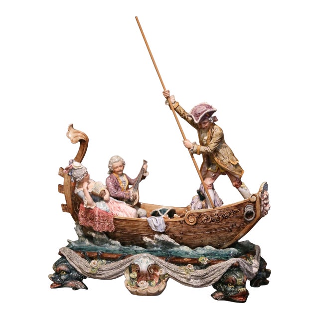 Early 20th Century French Barbotine Venetian Boat Figural Centerpiece For Sale