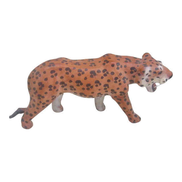 Mid Century Leather Tiger Statue For Sale